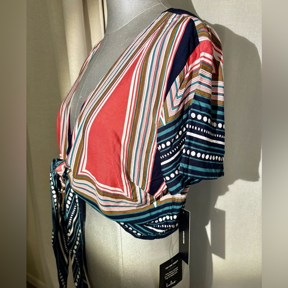 Lulus Geo Grande Navy Blue Print Cropped Tie-Front Top Festival Boho Size XL - Picture 10 of 12